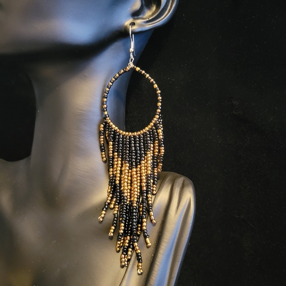 Bronze & Black Beaded Statement Earrings - Picture 3 of 4